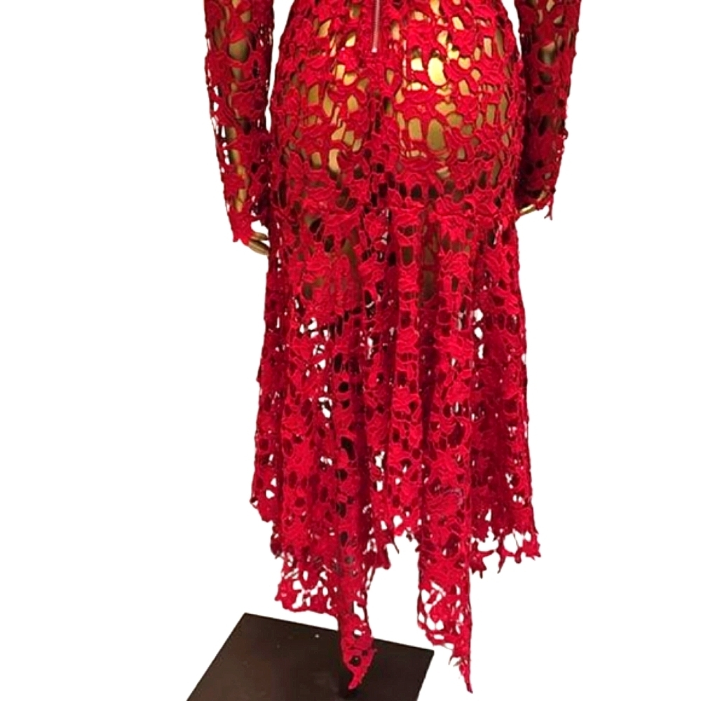 Laser Cut Red Crochet Sexy Cocktail Dress Long Sleeve Beetlejuice High Waist - Picture 7 of 11